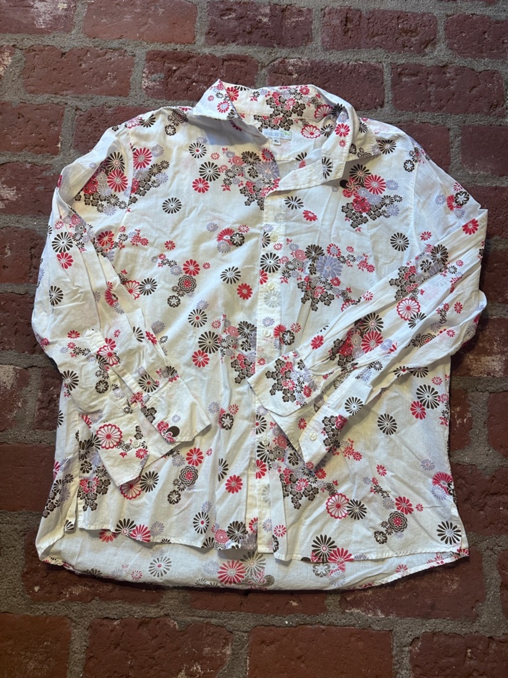 Seaplane XL White Floral Button-Up Shirt Pink Brown Lavender Blossoms Flowers